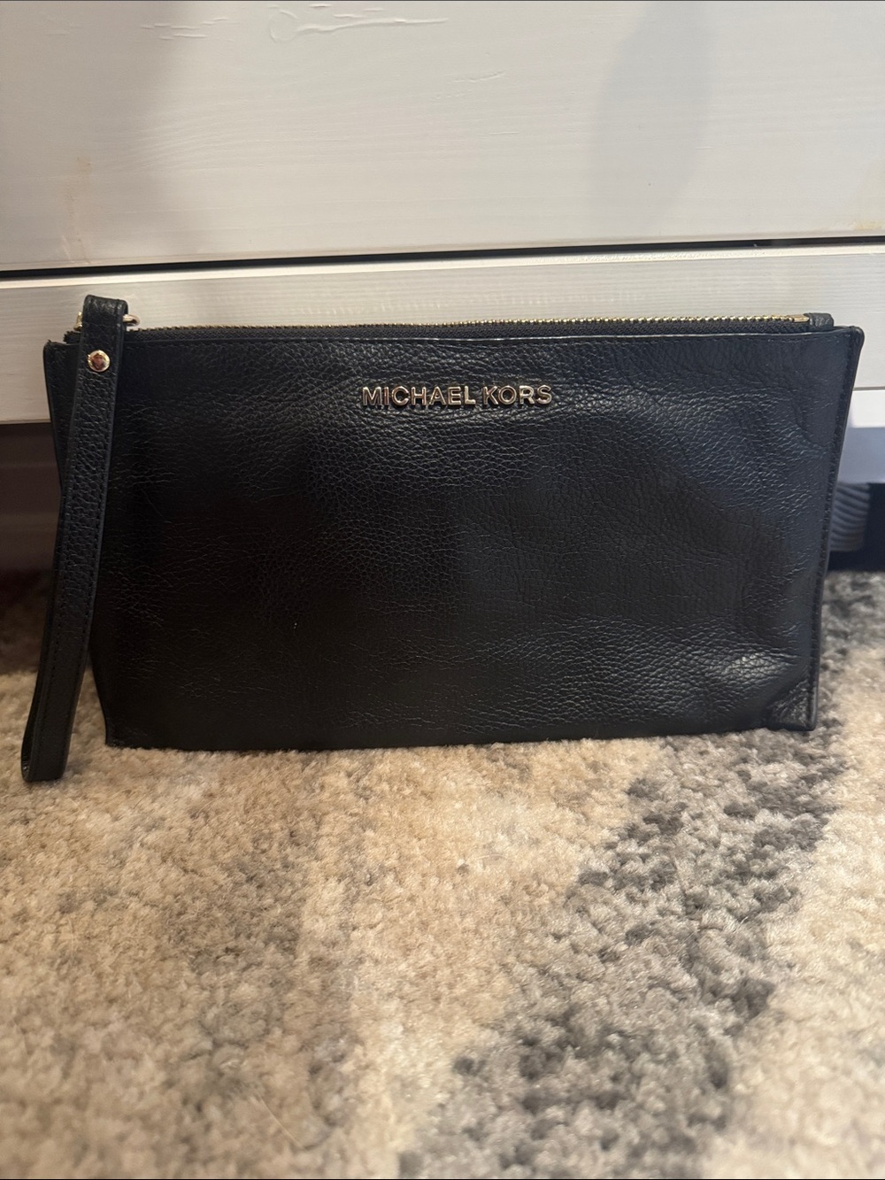 Michael Kors Black Pebbled Leather Wristlet with Gold Logo